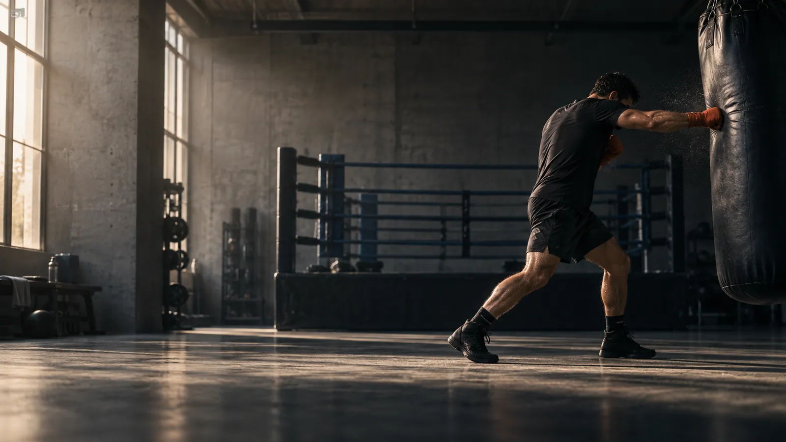 Athlete training on a heavy bag in a boxing gym
