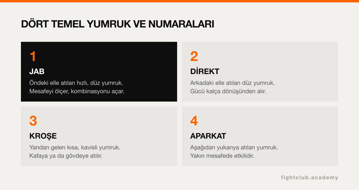 Jab, direkt, kroşe ve aparkat yumruklarını numaralarıyla ve kısa açıklamalarıyla gösteren görsel