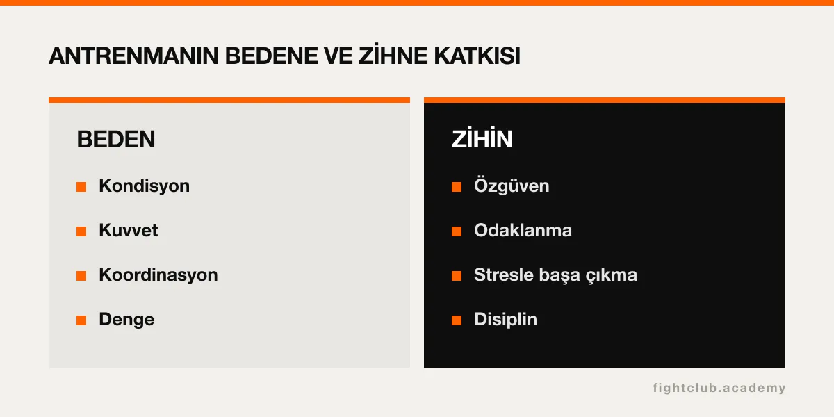 Dövüş sporlarının bedene ve zihne katkılarını iki sütunda gösteren görsel