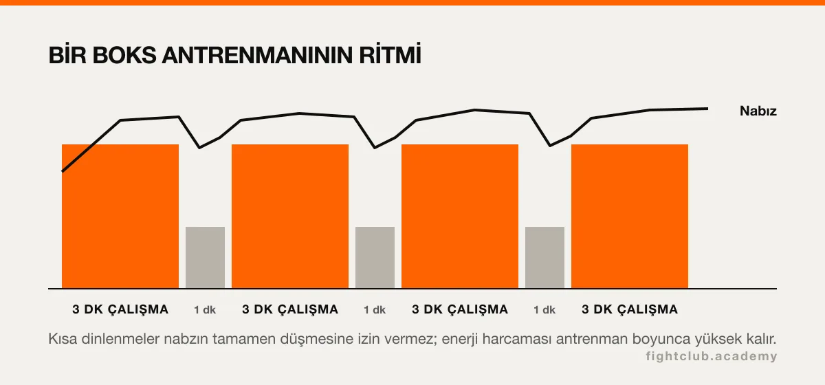 Üç dakika çalışma ve bir dakika dinlenmeden oluşan raundlarda nabzın yüksek kaldığını gösteren grafik