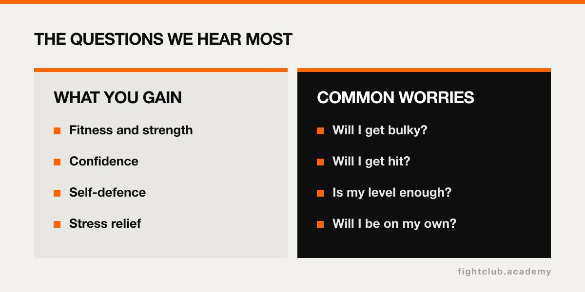 Graphic showing what women gain from boxing and kickboxing and the worries they raise most often