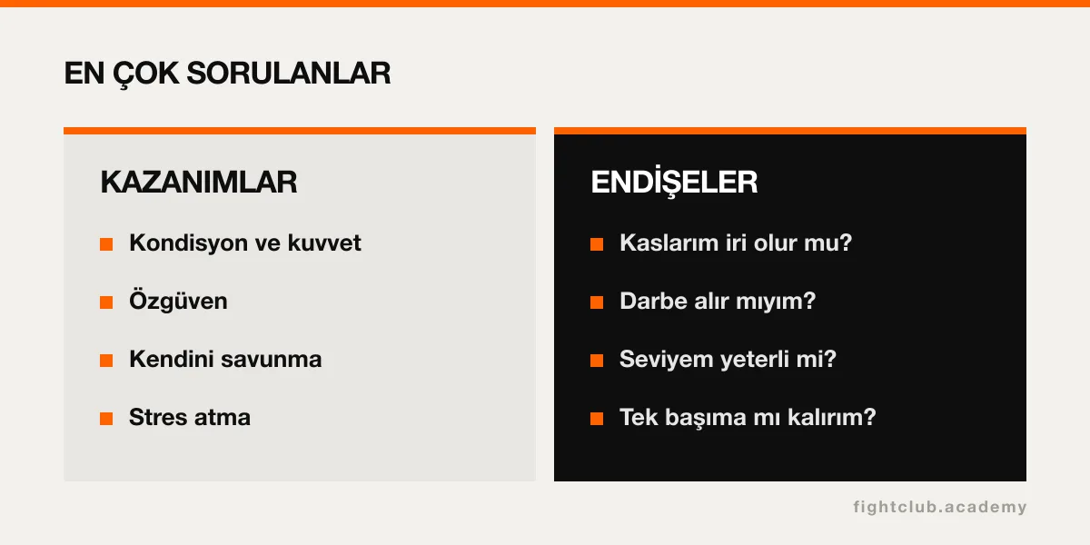 Kadınların boks ve kickboksla kazandıklarını ve en sık dile getirdikleri endişeleri gösteren görsel